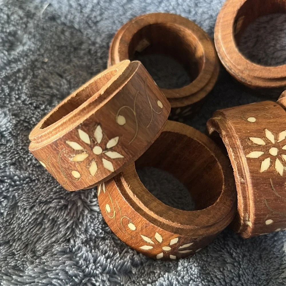 Vintage Wood With Inlaid Brass & Bone Napkin Rings Floral Pattern Set Of 6
